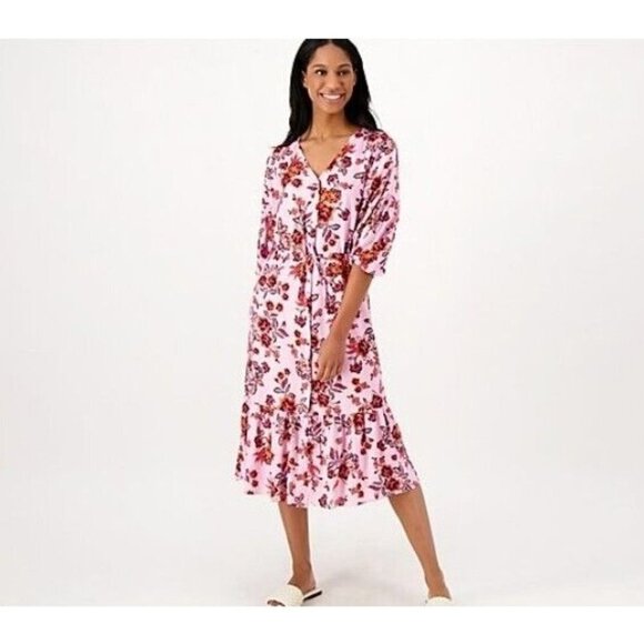 Candace Cameron Bure Regular Printed Buton-Front Midi Dress Camellia Pink, 1X - Picture 1 of 1